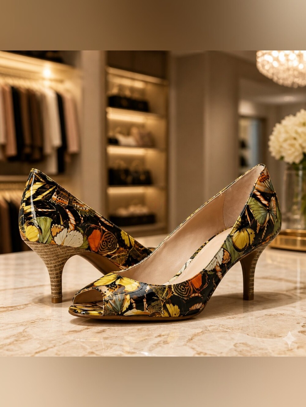 Rare Unique Tahari Butterfly Print Peep Toe Heels Size 7 Black Orange Retro MCM